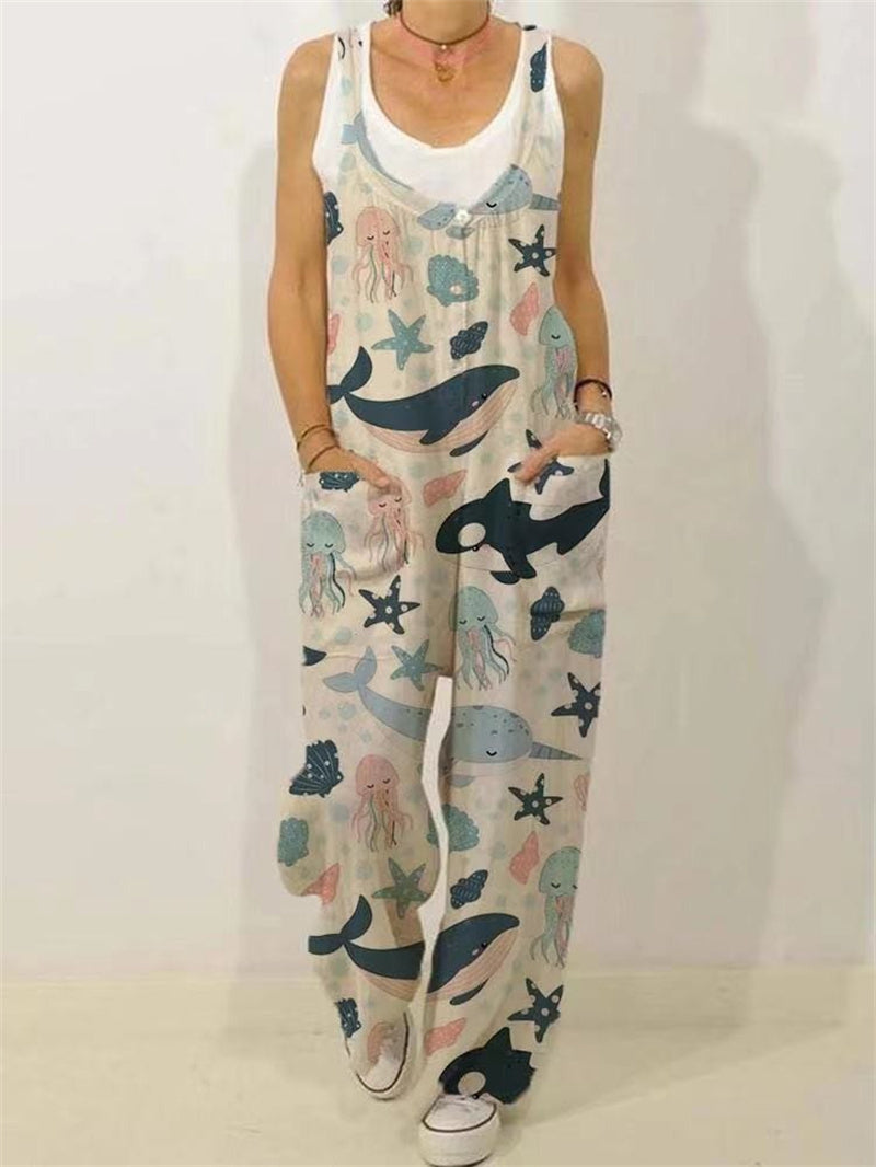 Botanical Print Casual Sleeveless Loose Jumpsuit
