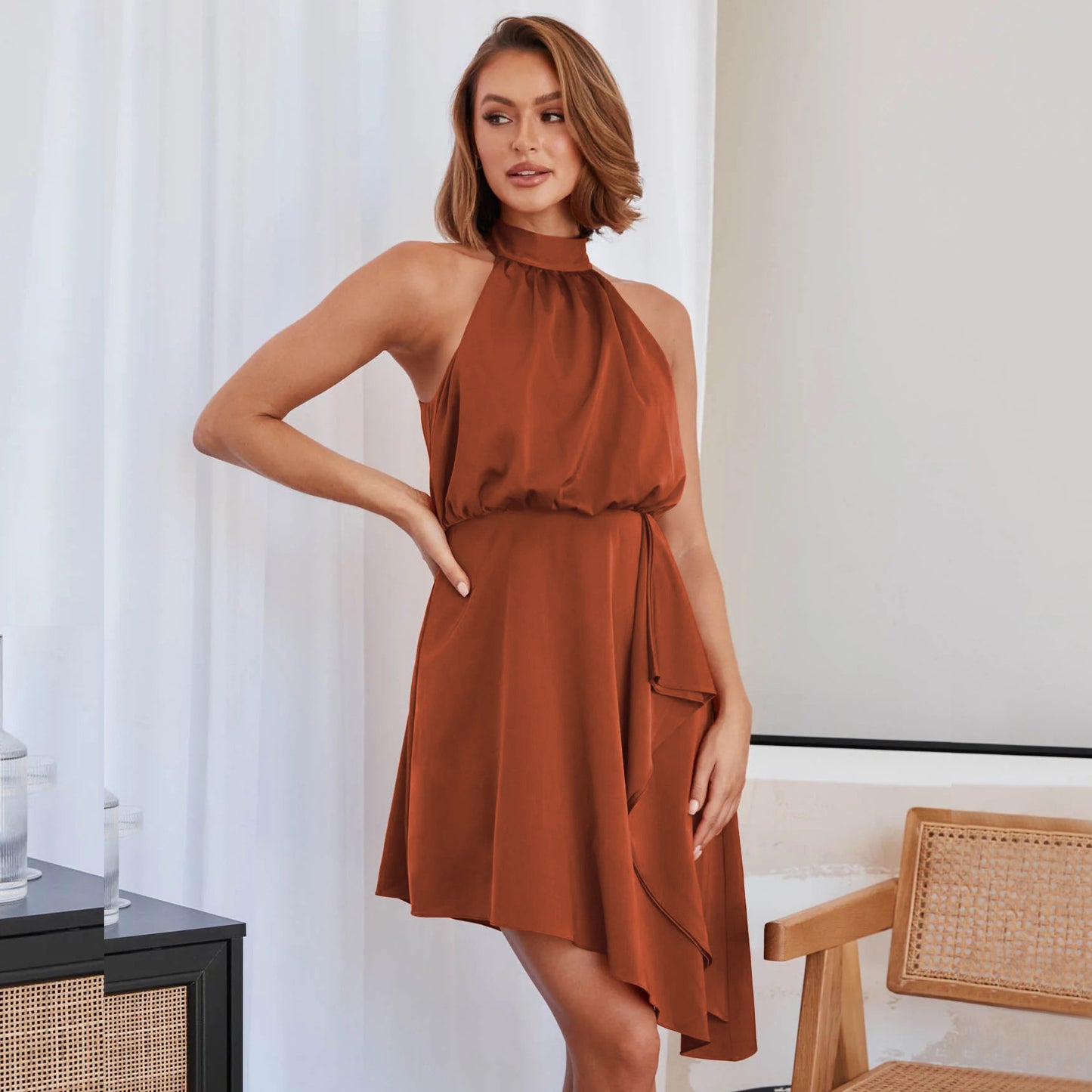 French Premium Satin Hanging Neck Dress