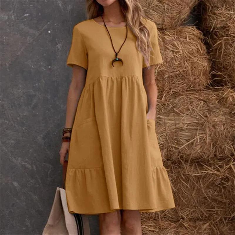 Summer Cotton And Linen Loose Fashion Round Neck Dress