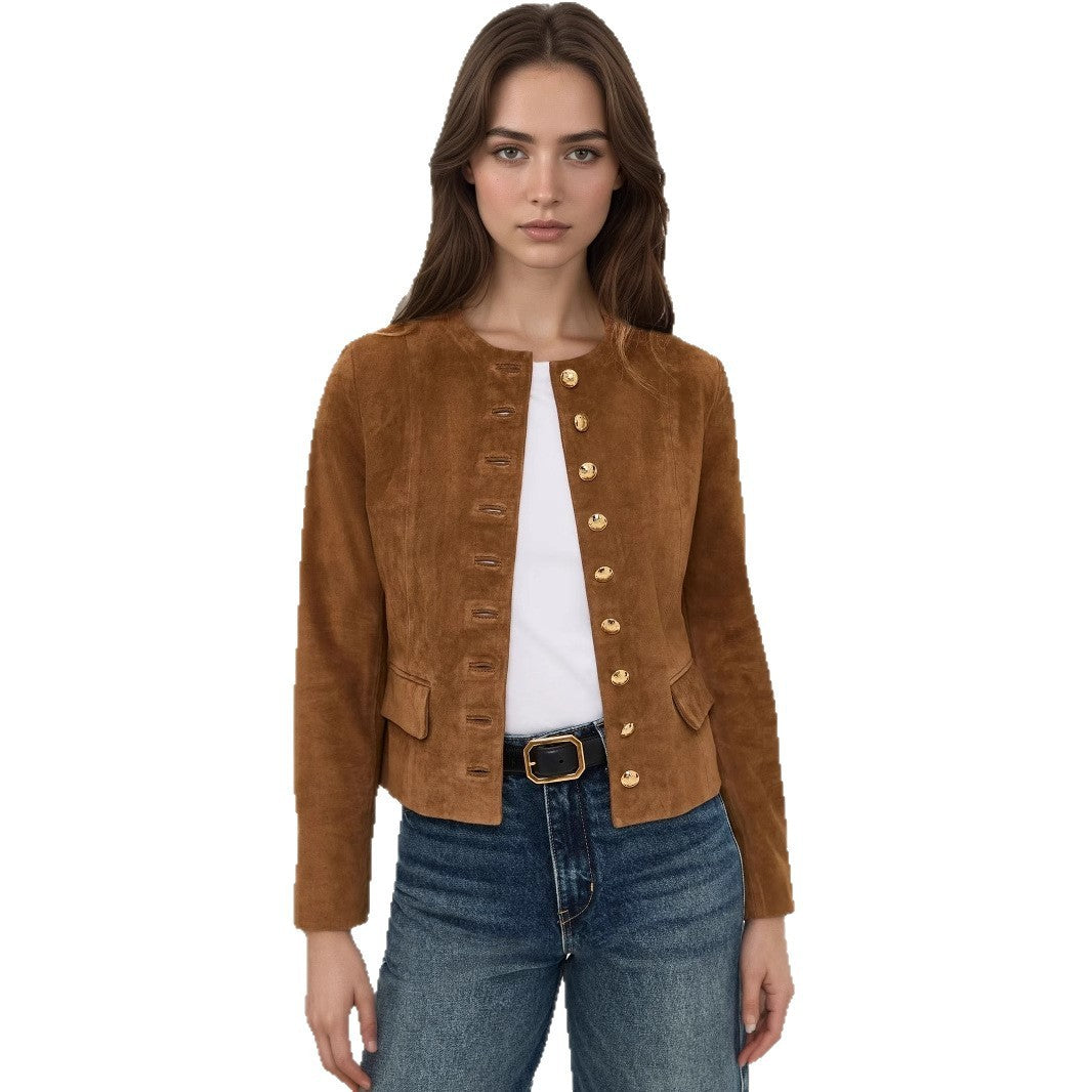 Short Single-Breasted Suede Jacket