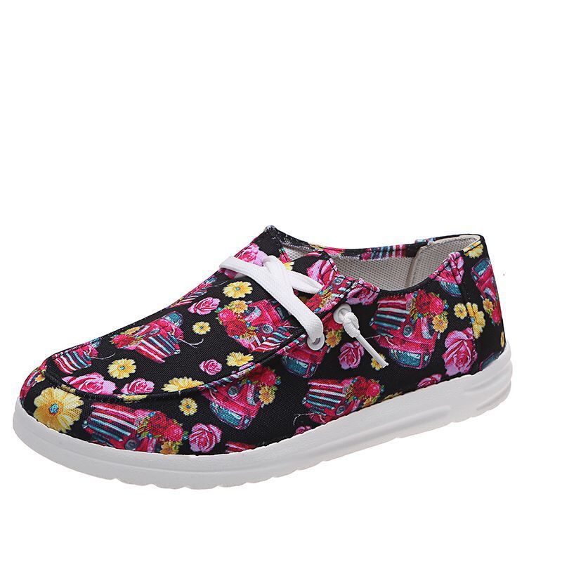 Loafers dames, zonnebloemprint, platte, casual canvas schoenen, zonder veters, gemakkelijke schoenen.