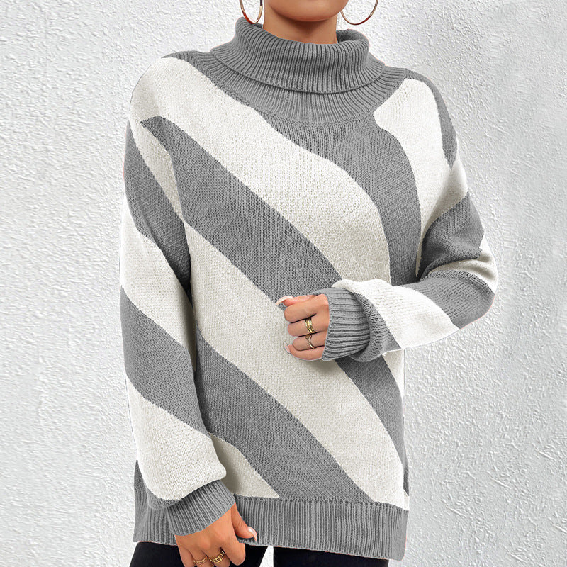 Female Casual Contrast Color Diagonal Stripes Turtleneck Pullover