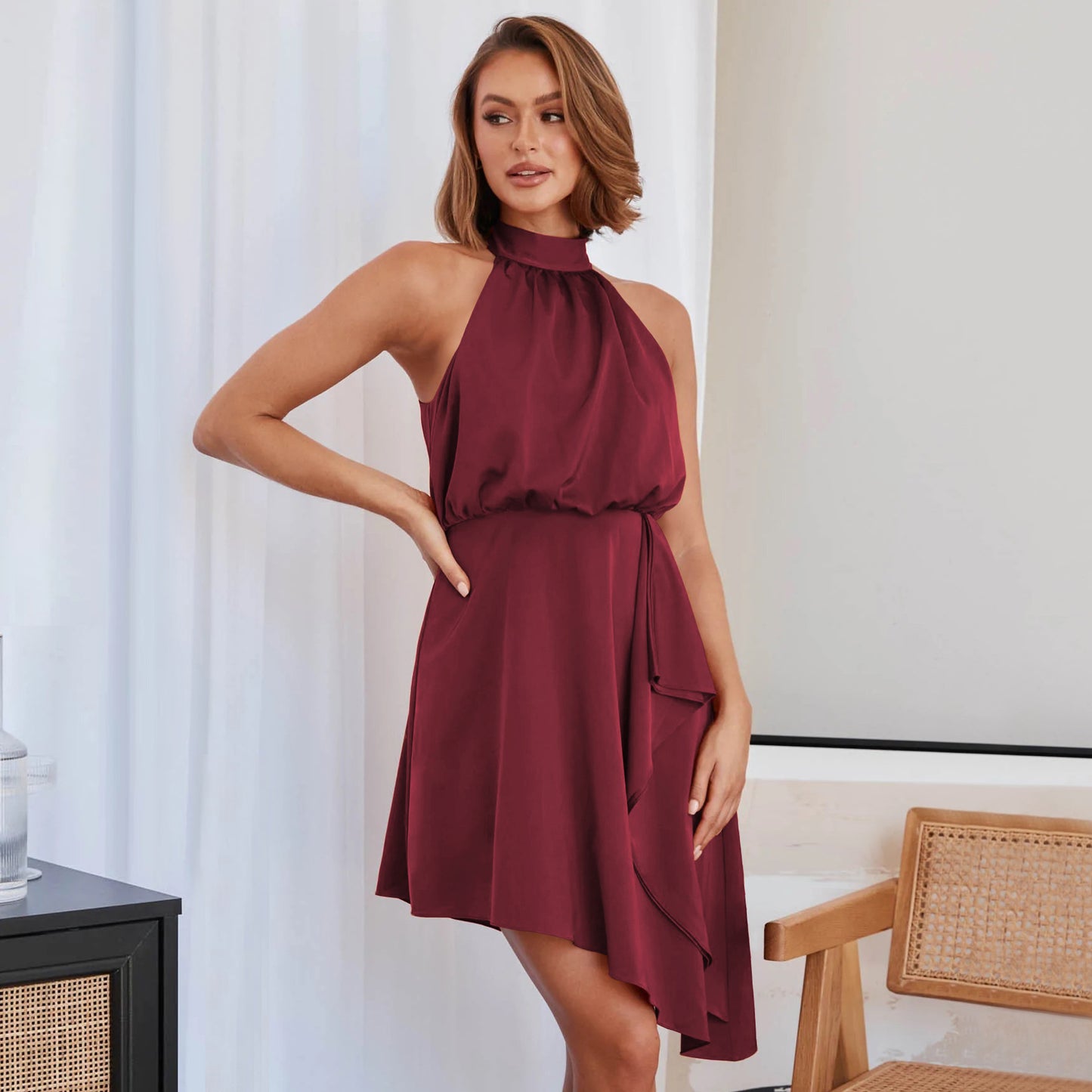 French Premium Satin Hanging Neck Dress