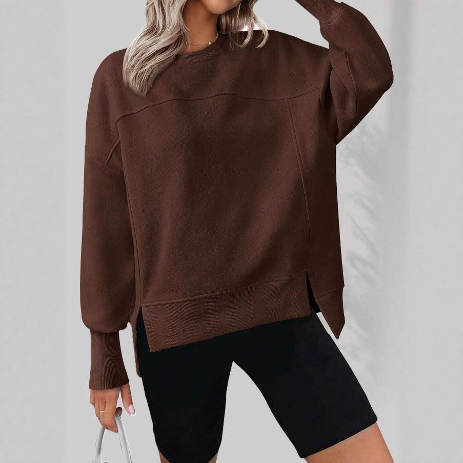 European And American Autumn And Winter Round Neck Long Sleeve Split Casual Loose Sweatshirt
