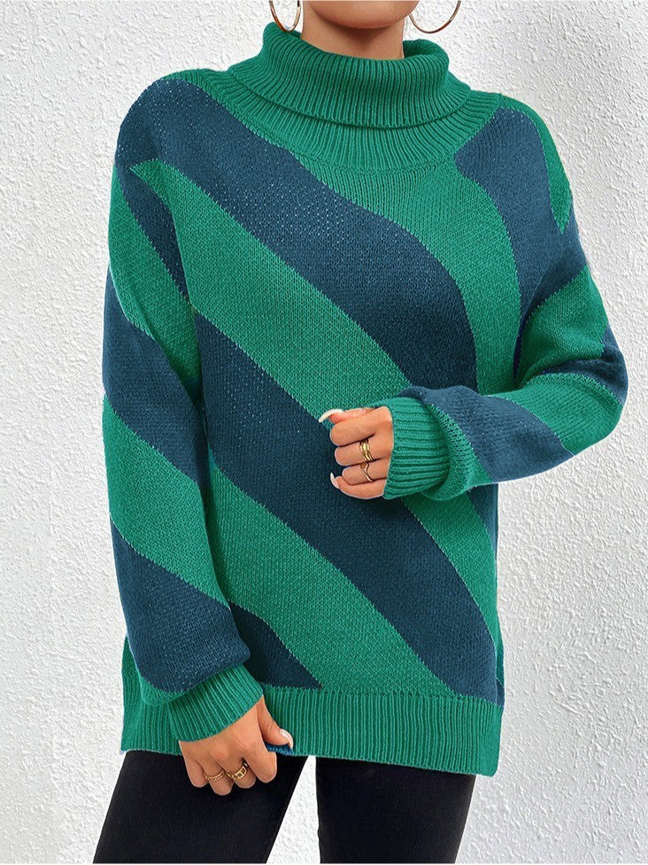Female Casual Contrast Color Diagonal Stripes Turtleneck Pullover