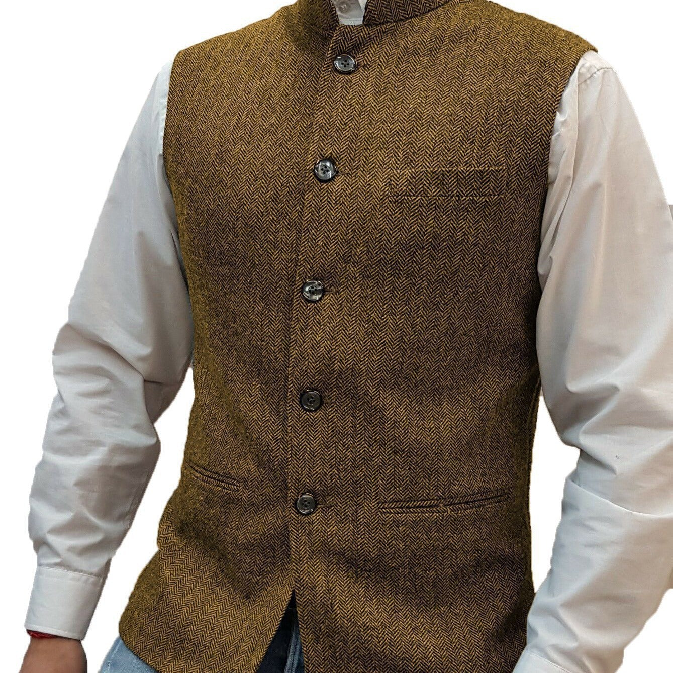 Zhongshan Collar Herringbone Pattern Vest for Men