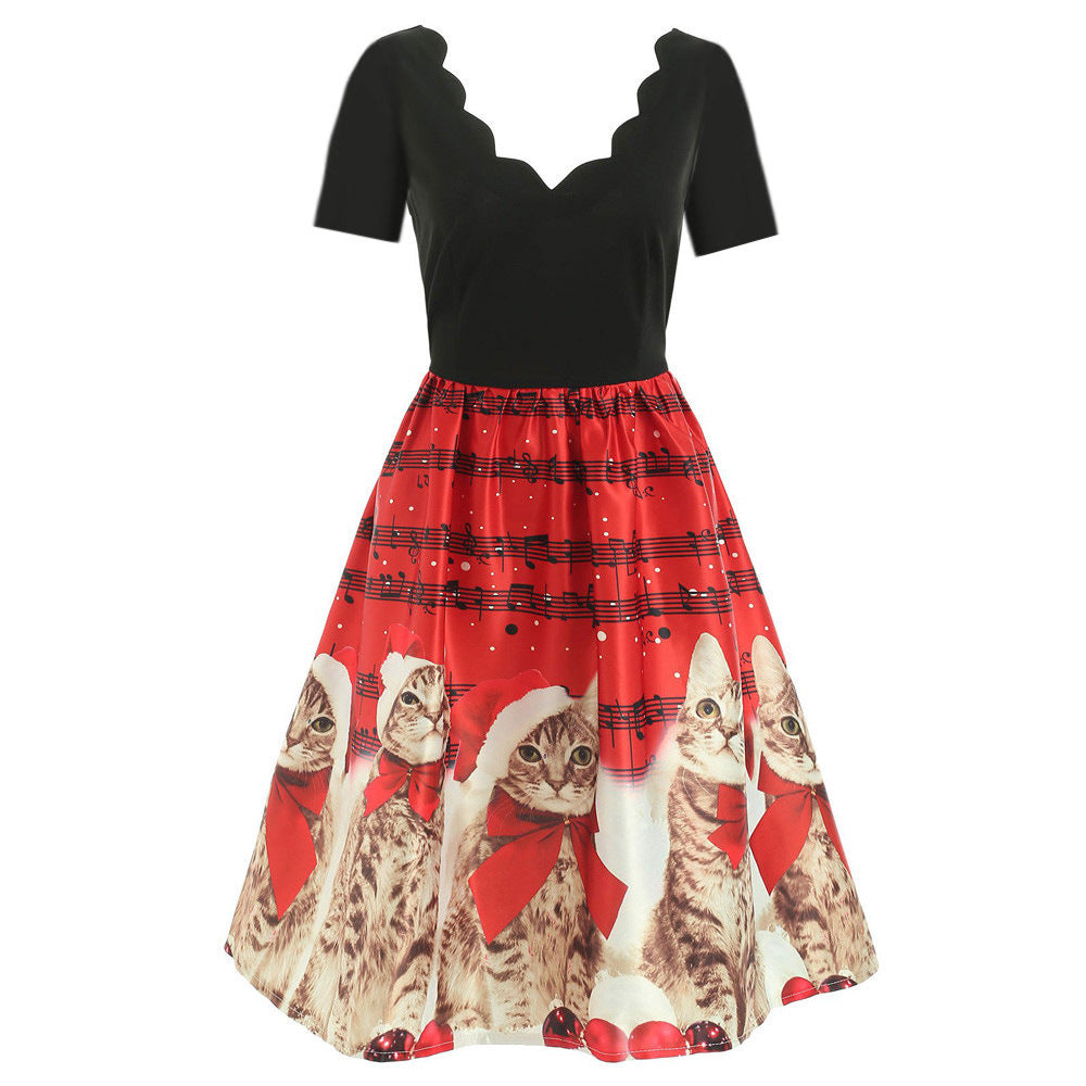 Hepburn style wave V-neck short sleeve printed dress