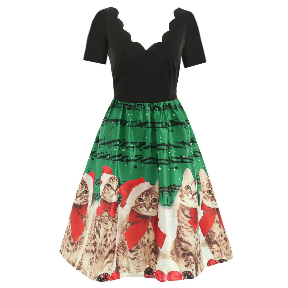 Hepburn style wave V-neck short sleeve printed dress