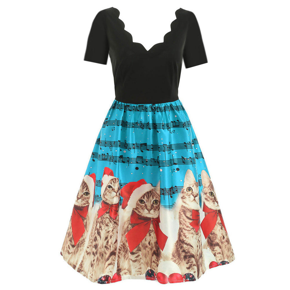 Hepburn style wave V-neck short sleeve printed dress