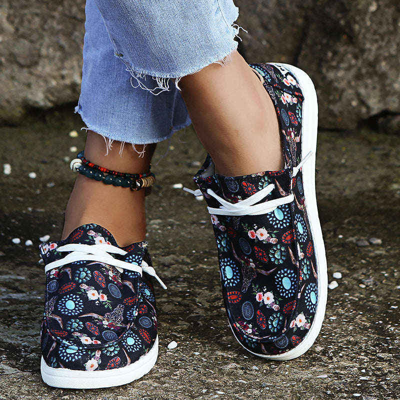 Loafers dames, zonnebloemprint, platte, casual canvas schoenen, zonder veters, gemakkelijke schoenen.