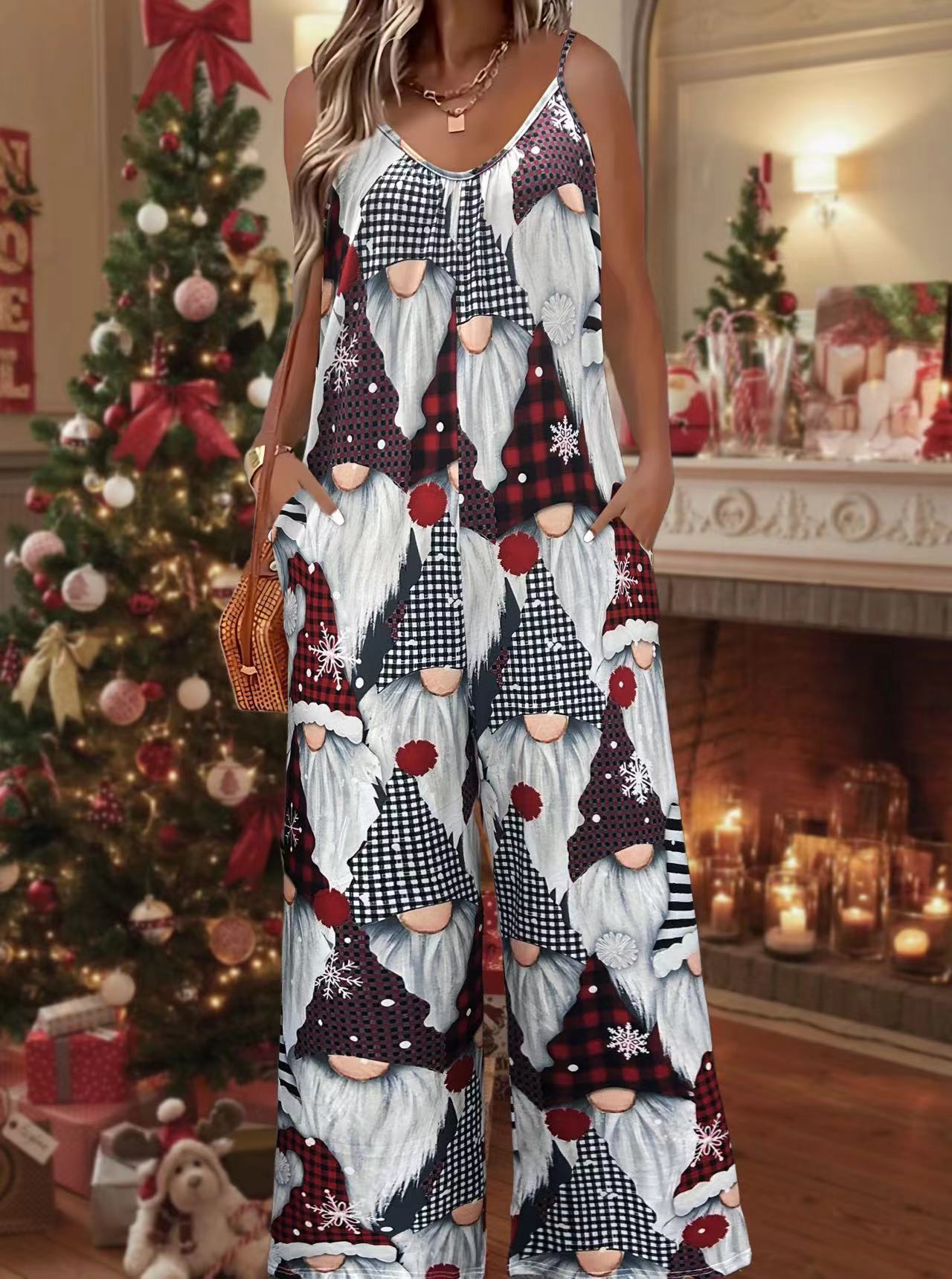 Bohemian Printed Pleated Suspender Jumpsuit