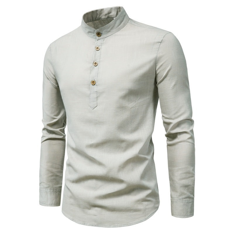 Men’s Stand-Up Collar Cotton-Linen Shirt