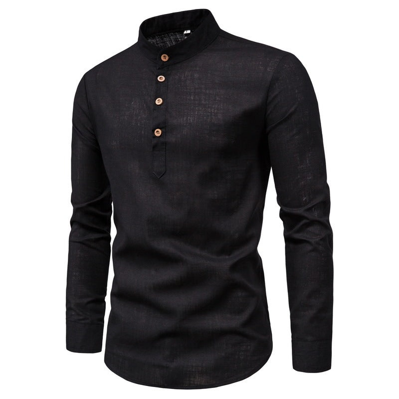 Men’s Stand-Up Collar Cotton-Linen Shirt