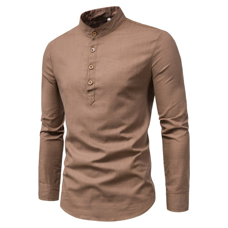 Men’s Stand-Up Collar Cotton-Linen Shirt