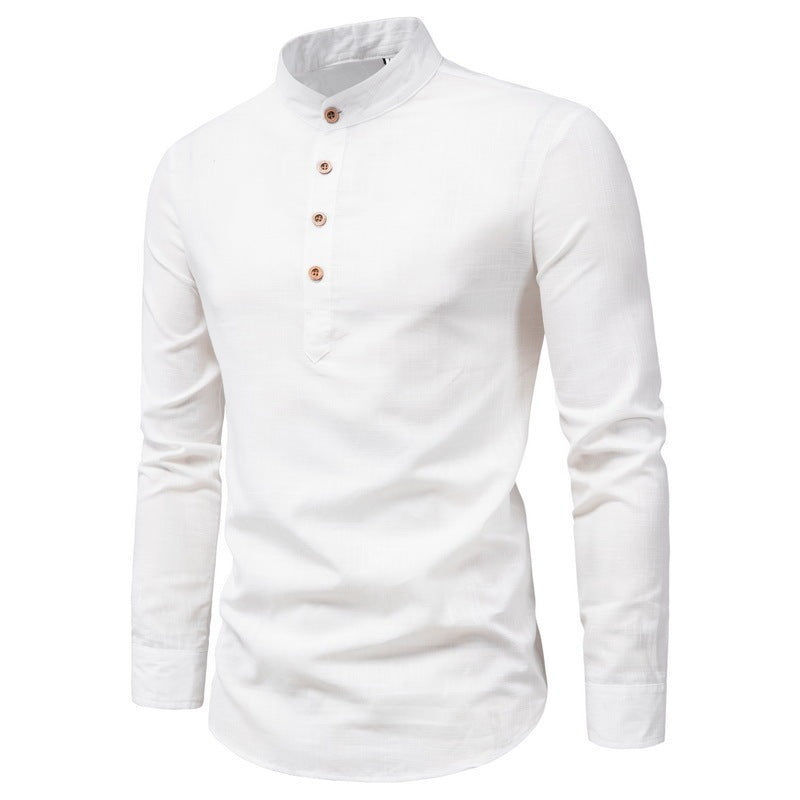 Men’s Stand-Up Collar Cotton-Linen Shirt