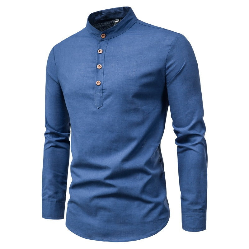 Men’s Stand-Up Collar Cotton-Linen Shirt