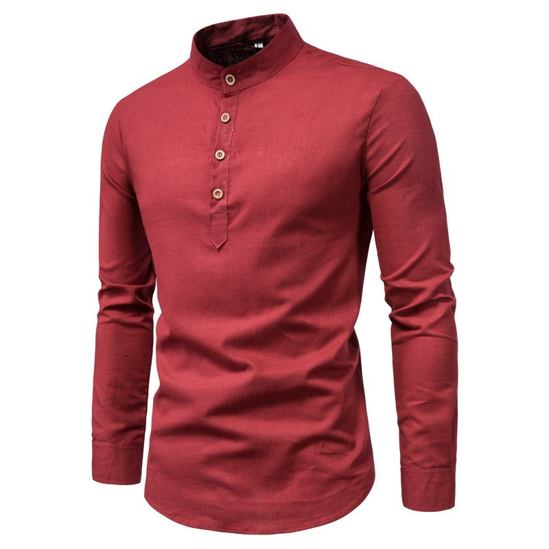 Men’s Stand-Up Collar Cotton-Linen Shirt