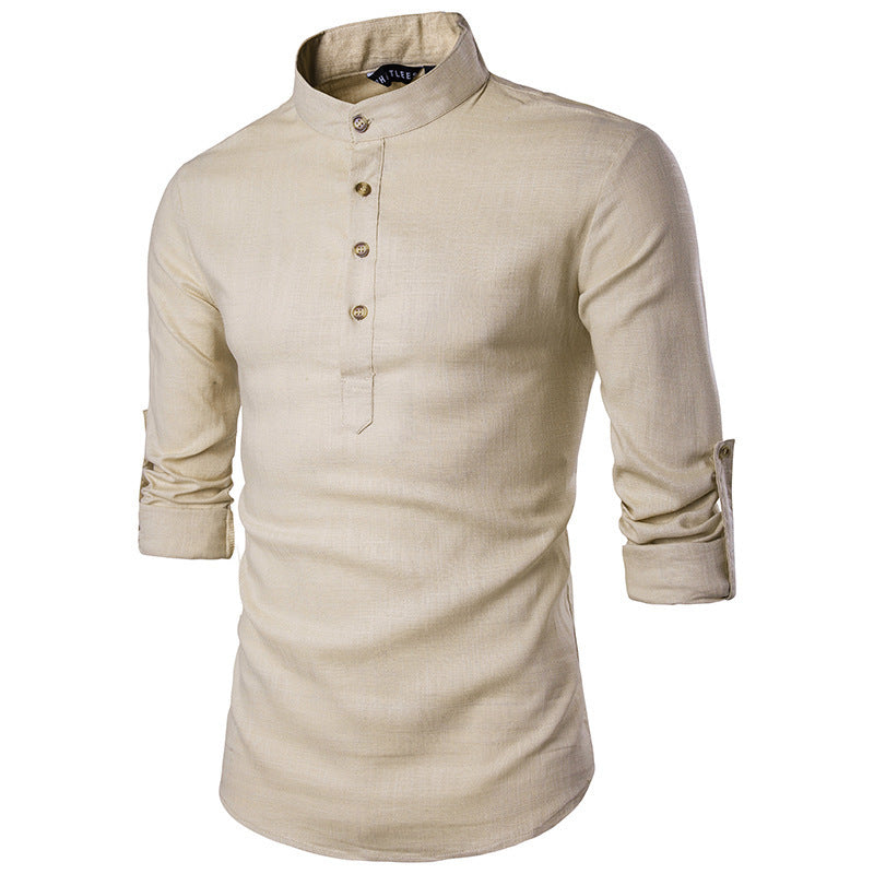 Men’s Stand-Up Collar Cotton-Linen Shirt