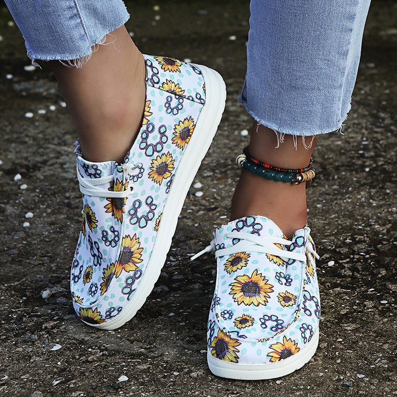 Loafers dames, zonnebloemprint, platte, casual canvas schoenen, zonder veters, gemakkelijke schoenen.