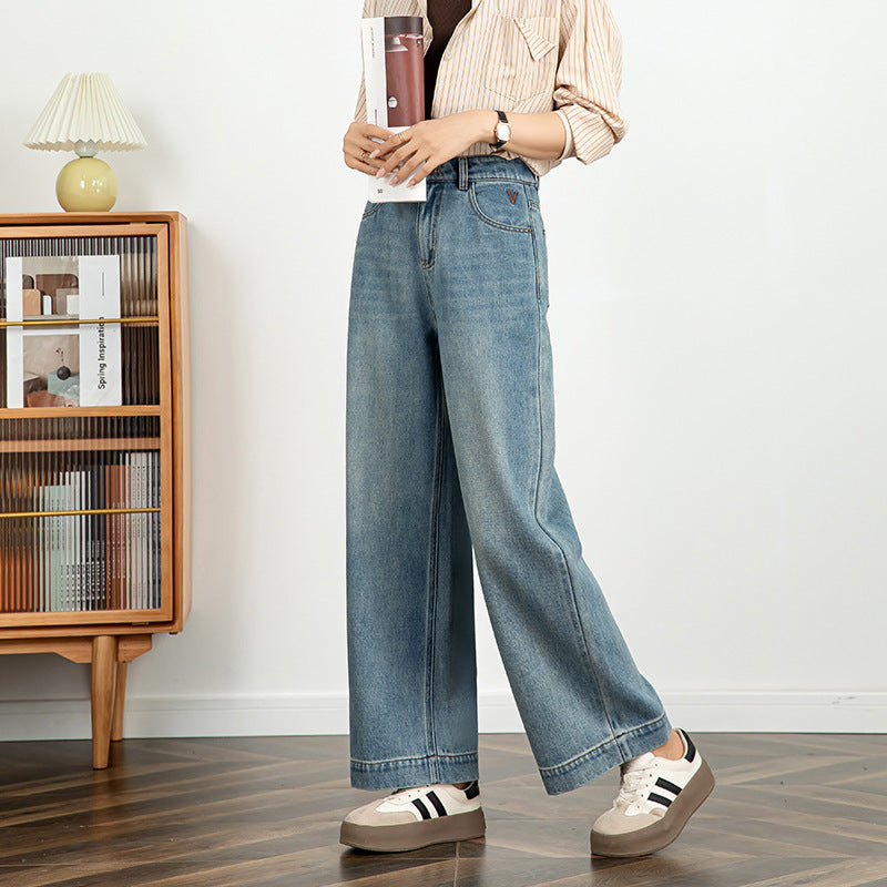 Women's Embroidered Jeans Cropped Wide-leg Pants