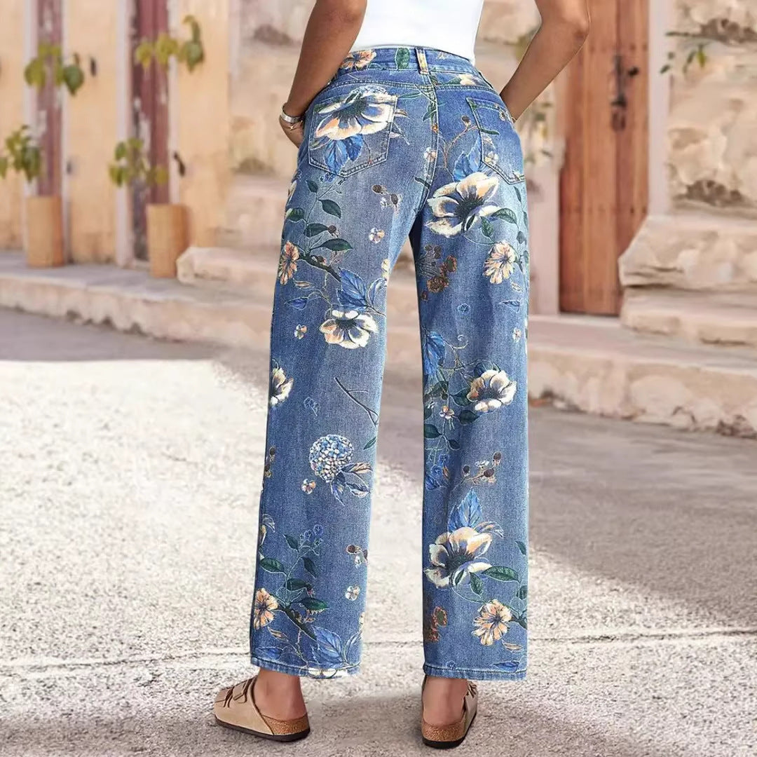 Retro Print Loose Wide Leg Denim Jeans