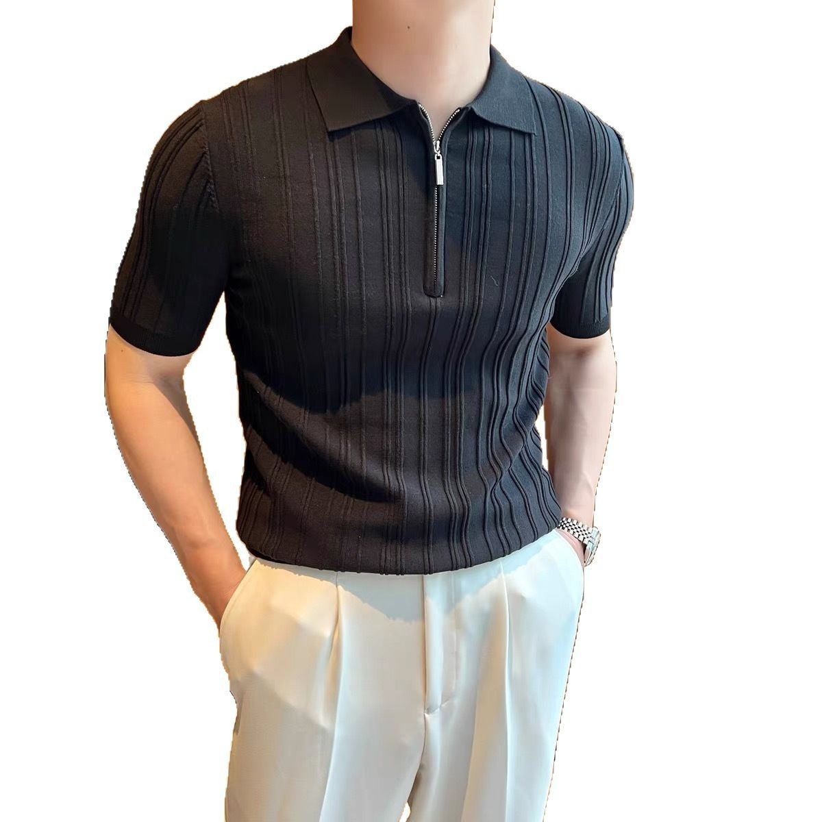 Retro Jacquard Zipper Polo