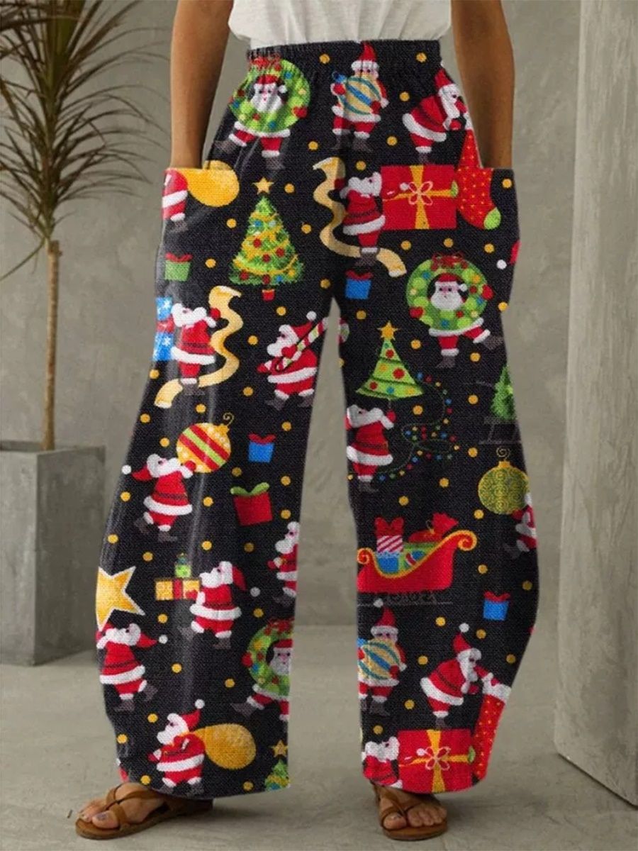 Christmas 3D Printed Wide-leg Trousers