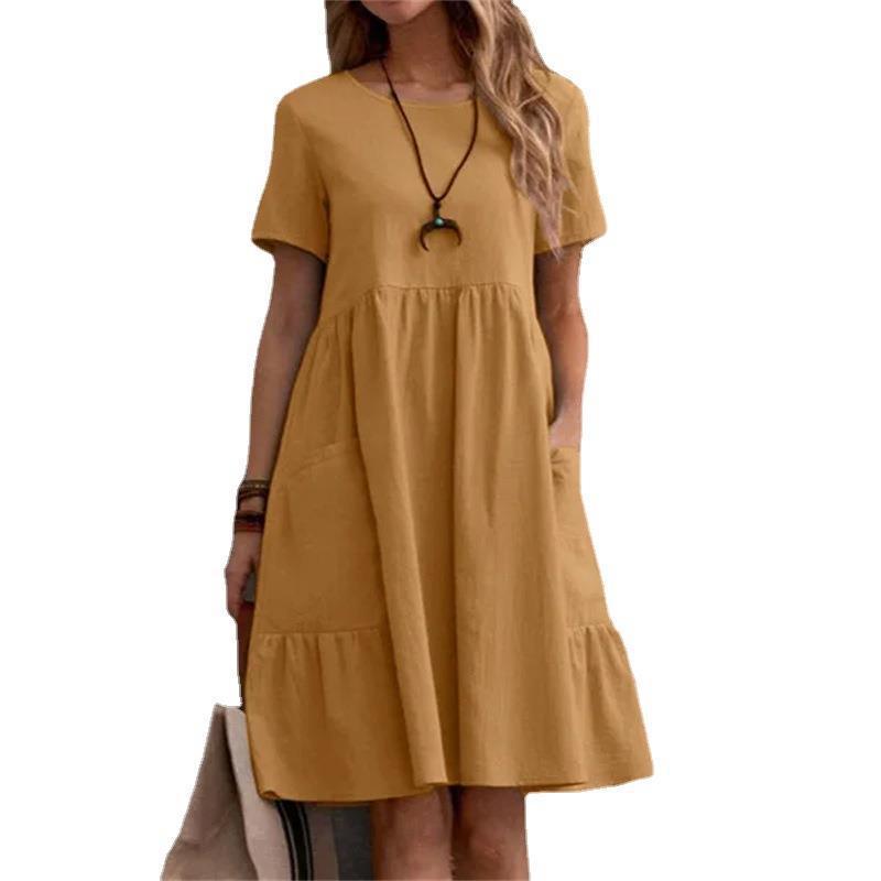 Summer Cotton And Linen Loose Fashion Round Neck Dress