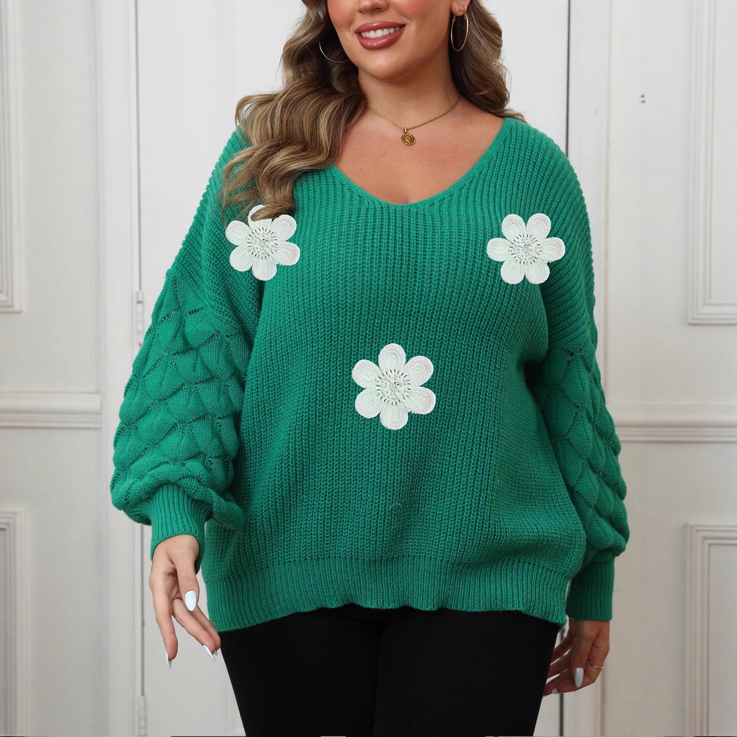 Women's Pineapple Sleeve Three-dimensional Flower Stitching Pearl Embroidered Sweater