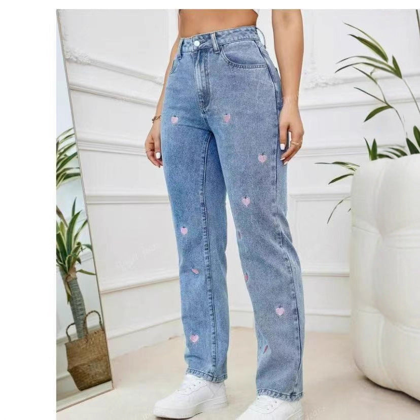 Embroidered Straight Leg Loose Fit Denim Trousers