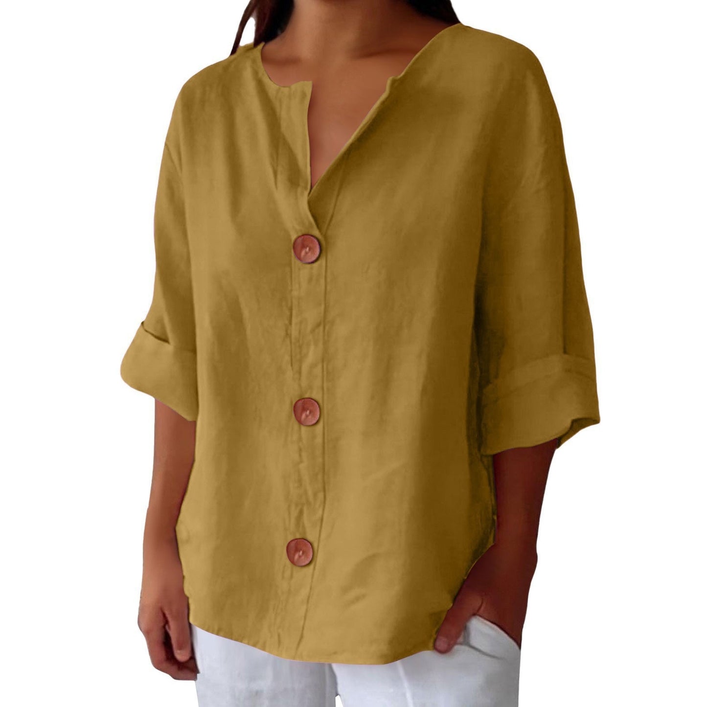 Loose T-shirt Women's V-neck Cotton And Linen Button Top