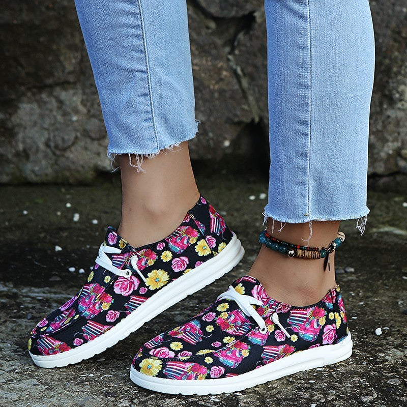 Loafers dames, zonnebloemprint, platte, casual canvas schoenen, zonder veters, gemakkelijke schoenen.