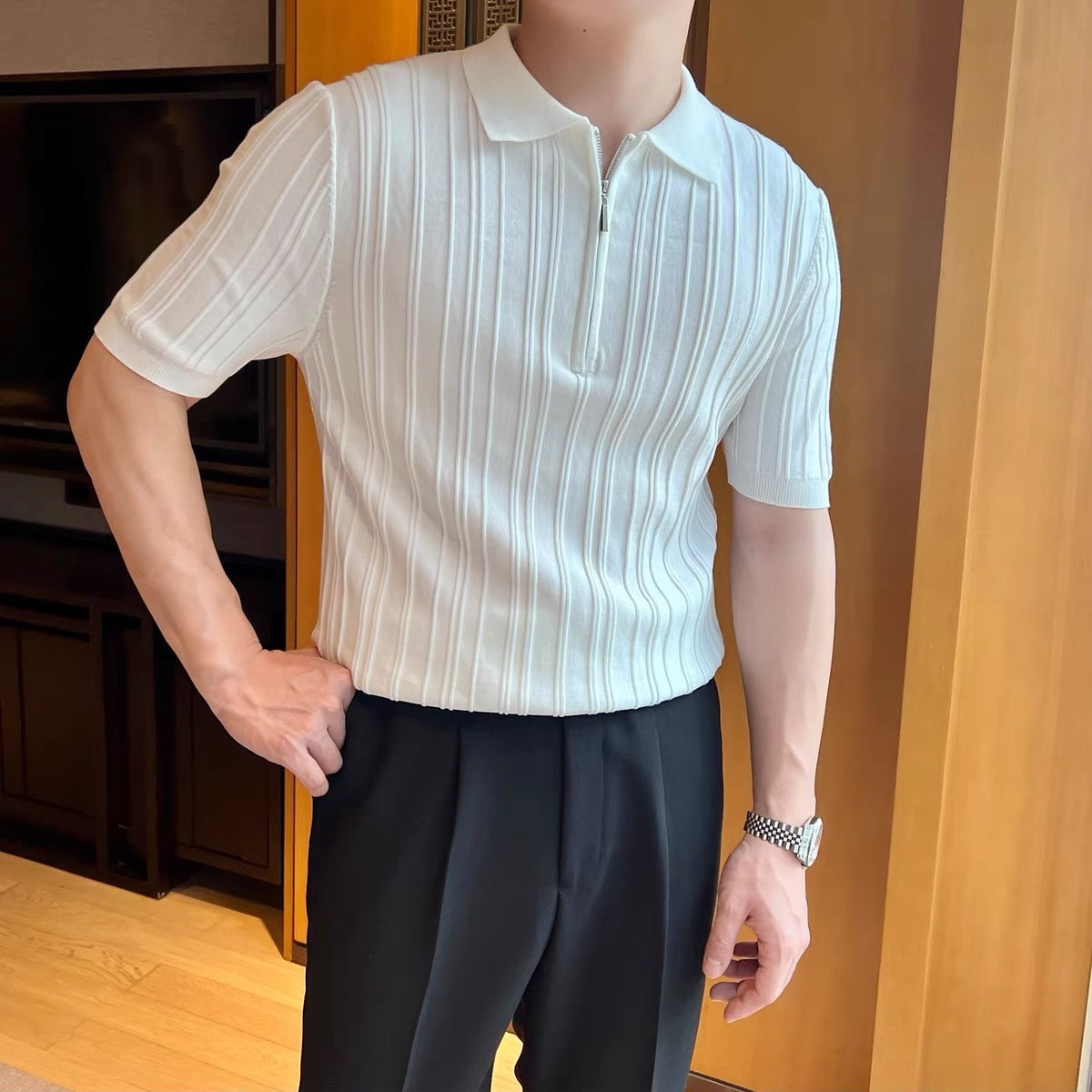 Retro Jacquard Zipper Polo