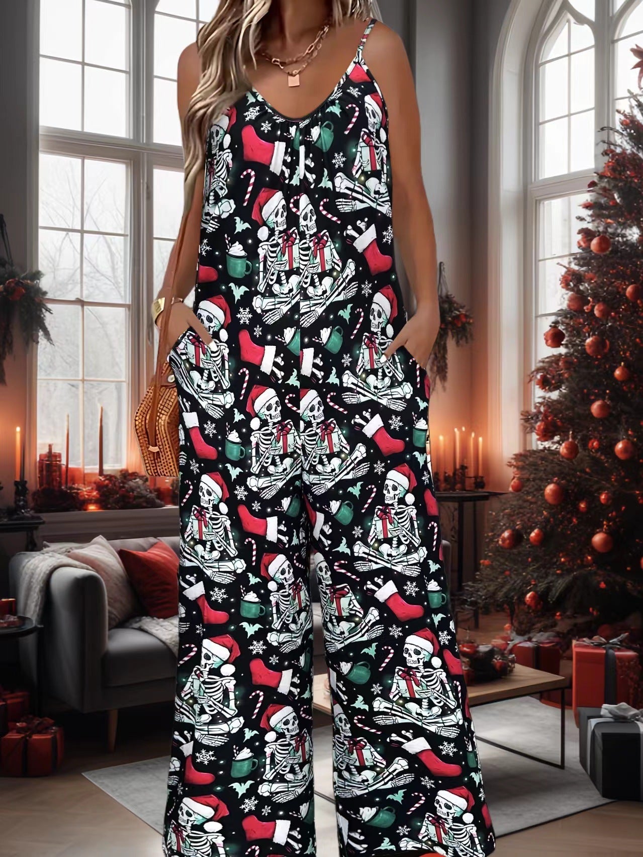 Bohemian Printed Pleated Suspender Jumpsuit