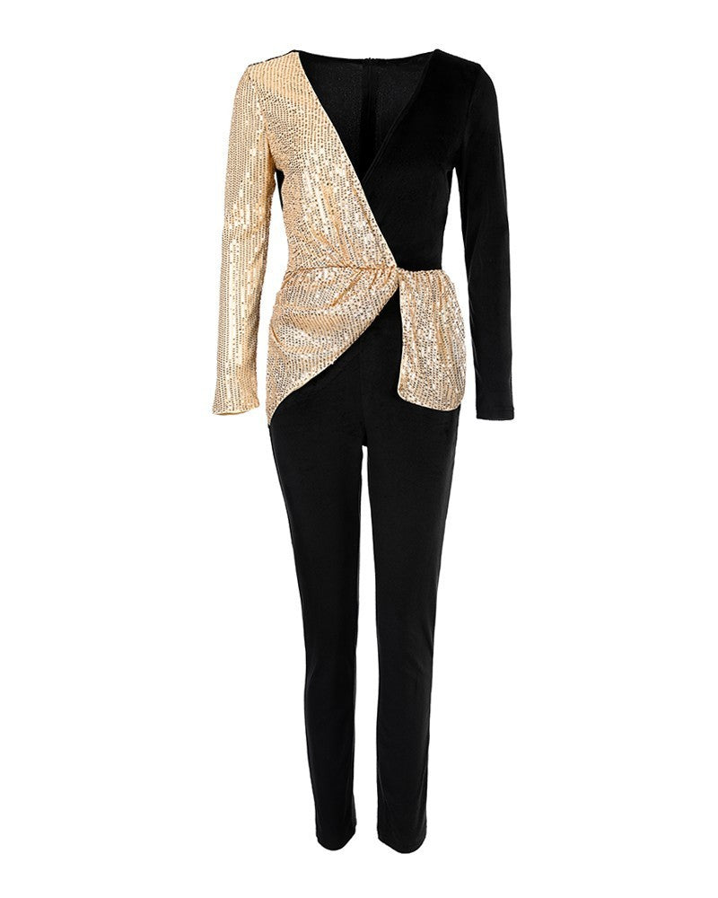 Women's Fashion Temperament Commute High Waist Sequined Jumpsuit