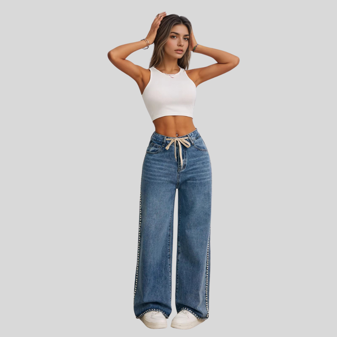 Drawstring High-Waisted Retro Wide Leg Denim Jeans