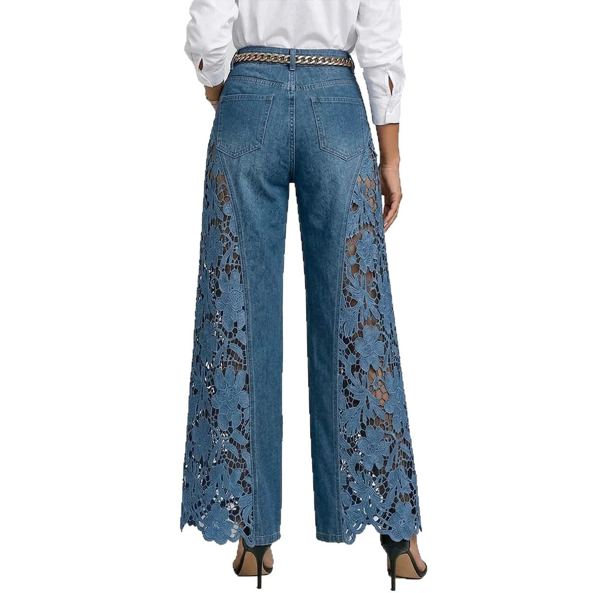 Women’s High-Waisted Wide Leg Lace Panelled Jeans