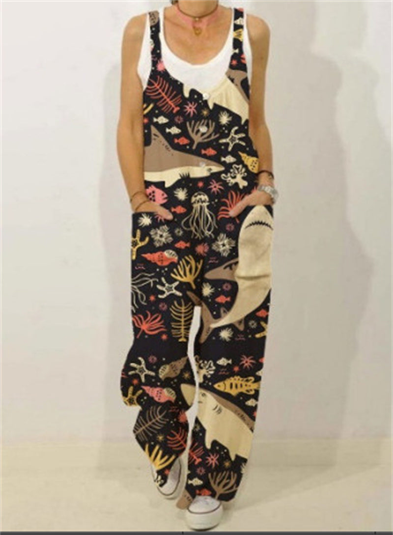 Botanical Print Casual Sleeveless Loose Jumpsuit