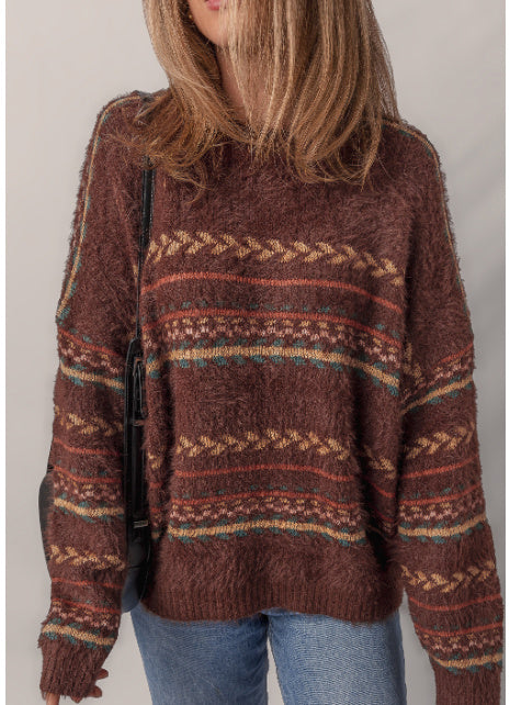Brown Ethnic Pattern Mohair Knitted Drop Shoulder Sweater