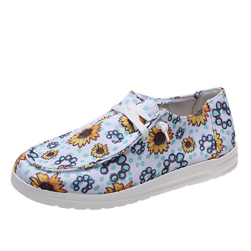 Loafers dames, zonnebloemprint, platte, casual canvas schoenen, zonder veters, gemakkelijke schoenen.