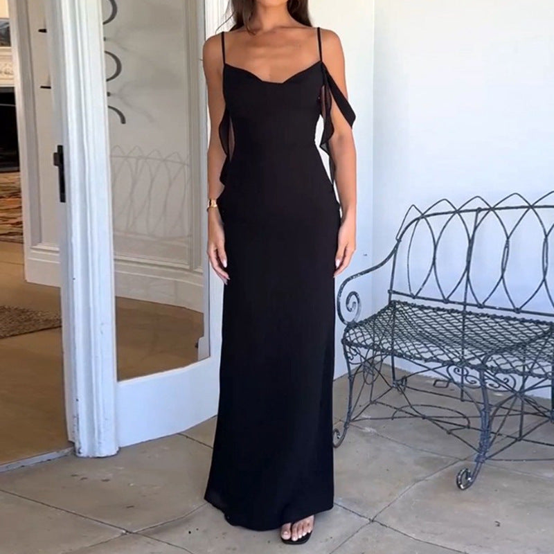 Summer New French Style Temperament Sexy Low Cut Solid Color Sling Backless Dress