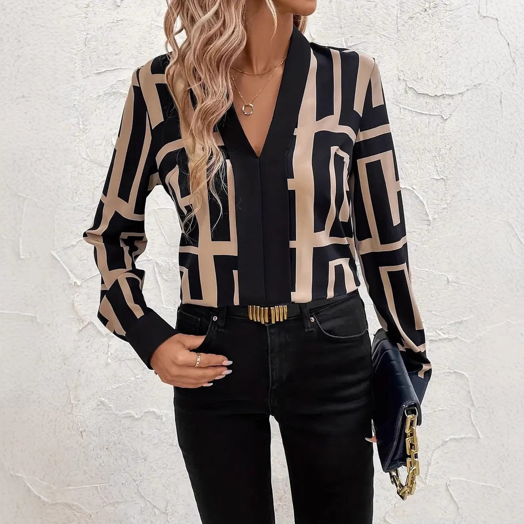 Spring/Summer Geometric Pattern Black Women's Top
