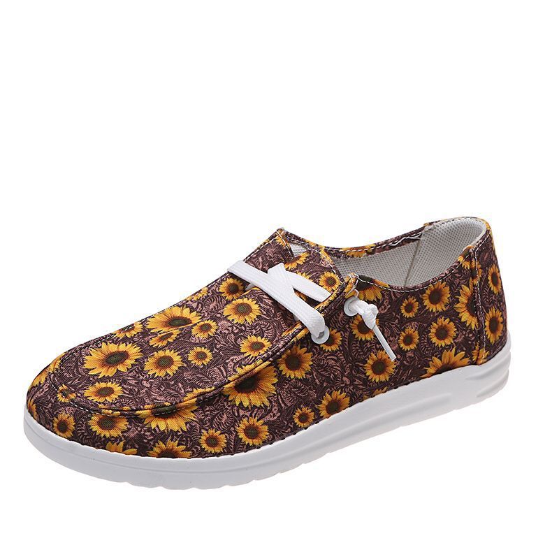 Loafers dames, zonnebloemprint, platte, casual canvas schoenen, zonder veters, gemakkelijke schoenen.