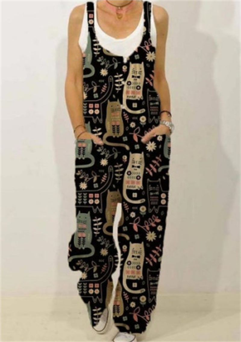 Botanical Print Casual Sleeveless Loose Jumpsuit