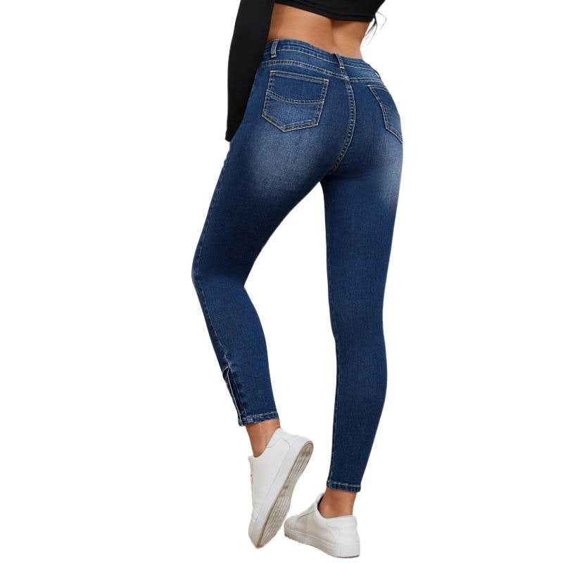Foot-Zip Tight-Fitting Stretch Denim Cropped Pants