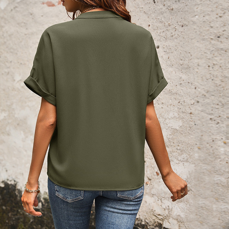 Women's Solid Color V-Neck Pocket Shirt