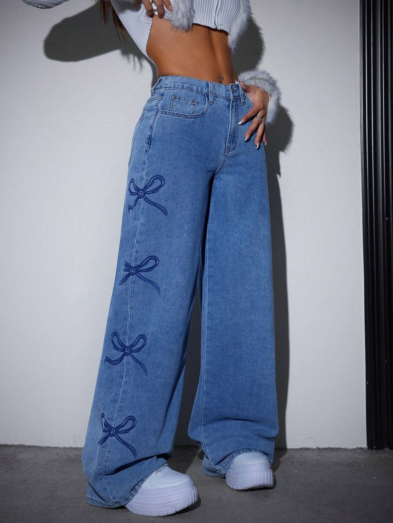 Printed Straight Leg Wide Leg Jeans