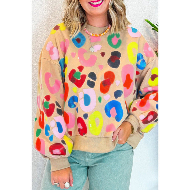 Winter Leopard Print Printed Crew Neck Sweatshirt
