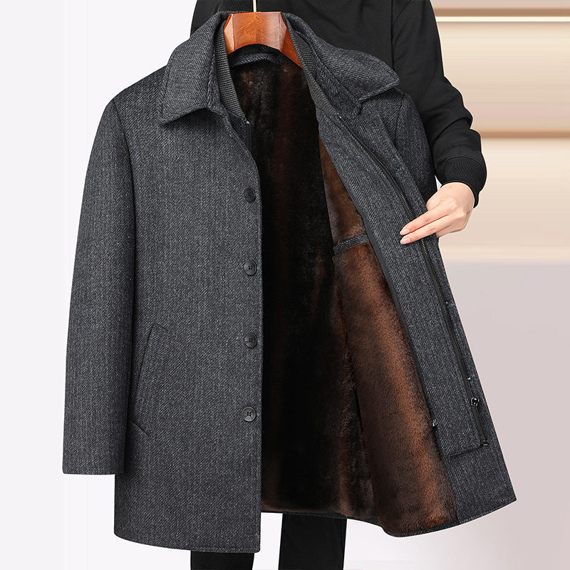 Men’s Mid-Length Woolen Plaid Coat with Detachable Double Collar