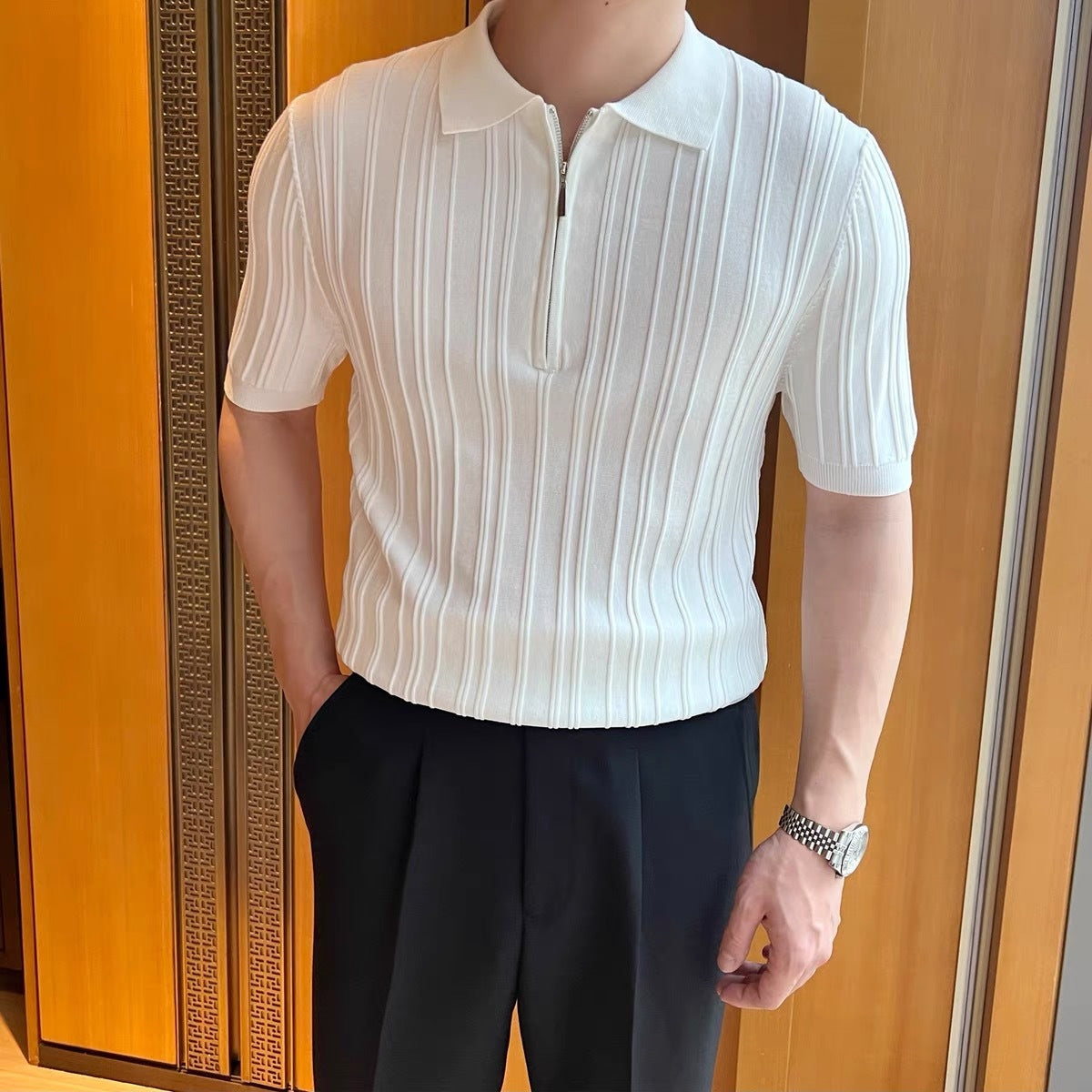 Retro Jacquard Zipper Polo